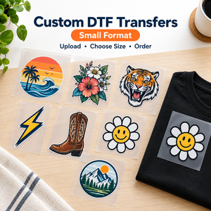 Custom small format DTF transfers - assorted ready-to-press designs including palm sunset, floral, tiger, lightning bolt, cowboy boot, daisy, and mountain
