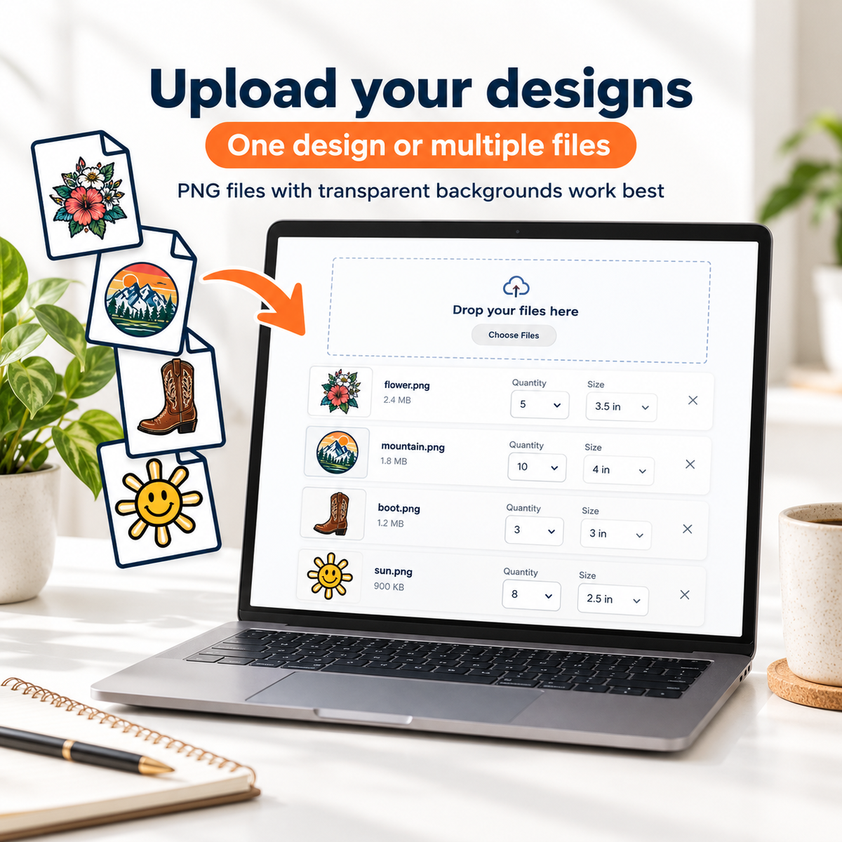 How to order small format DTF transfers - upload one design or multiple PNG files with transparent backgrounds