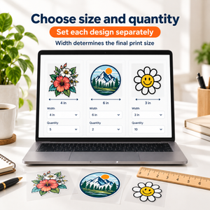 Choose the size and quantity for each small DTF transfer design - width determines the final print size