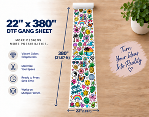 22x380 inch custom DTF gang sheet transfer - ready to heat press onto shirts and hoodies