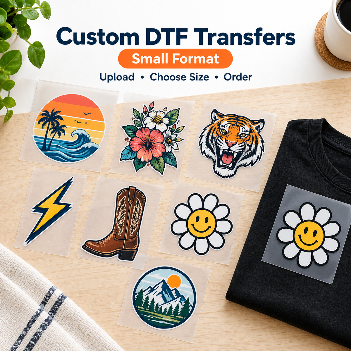 Custom small format DTF transfers - assorted ready-to-press designs including palm sunset, floral, tiger, lightning bolt, cowboy boot, daisy, and mountain