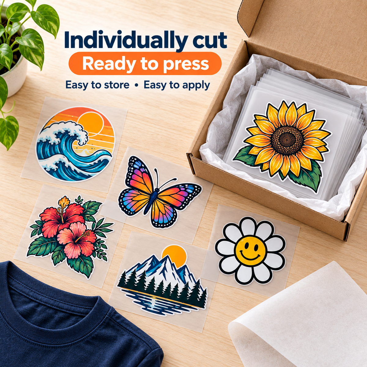 Individually cut small format DTF transfers ready to press - easy to store and easy to apply