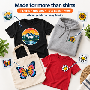 Small DTF transfers applied to shirts, hoodies, and tote bags - vibrant prints work on many fabrics
