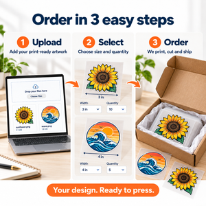 How to order small format DTF transfers in 3 steps - upload, select size and quantity, and we print, cut, and ship