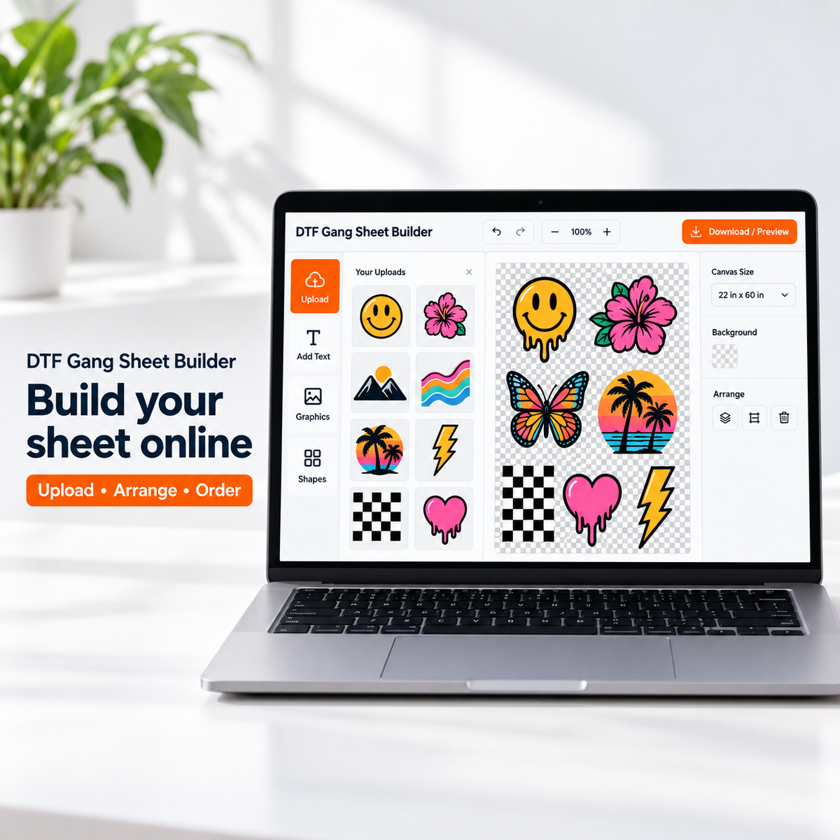DTF Gang Sheet Builder online tool - upload your designs, arrange them on the sheet, and order