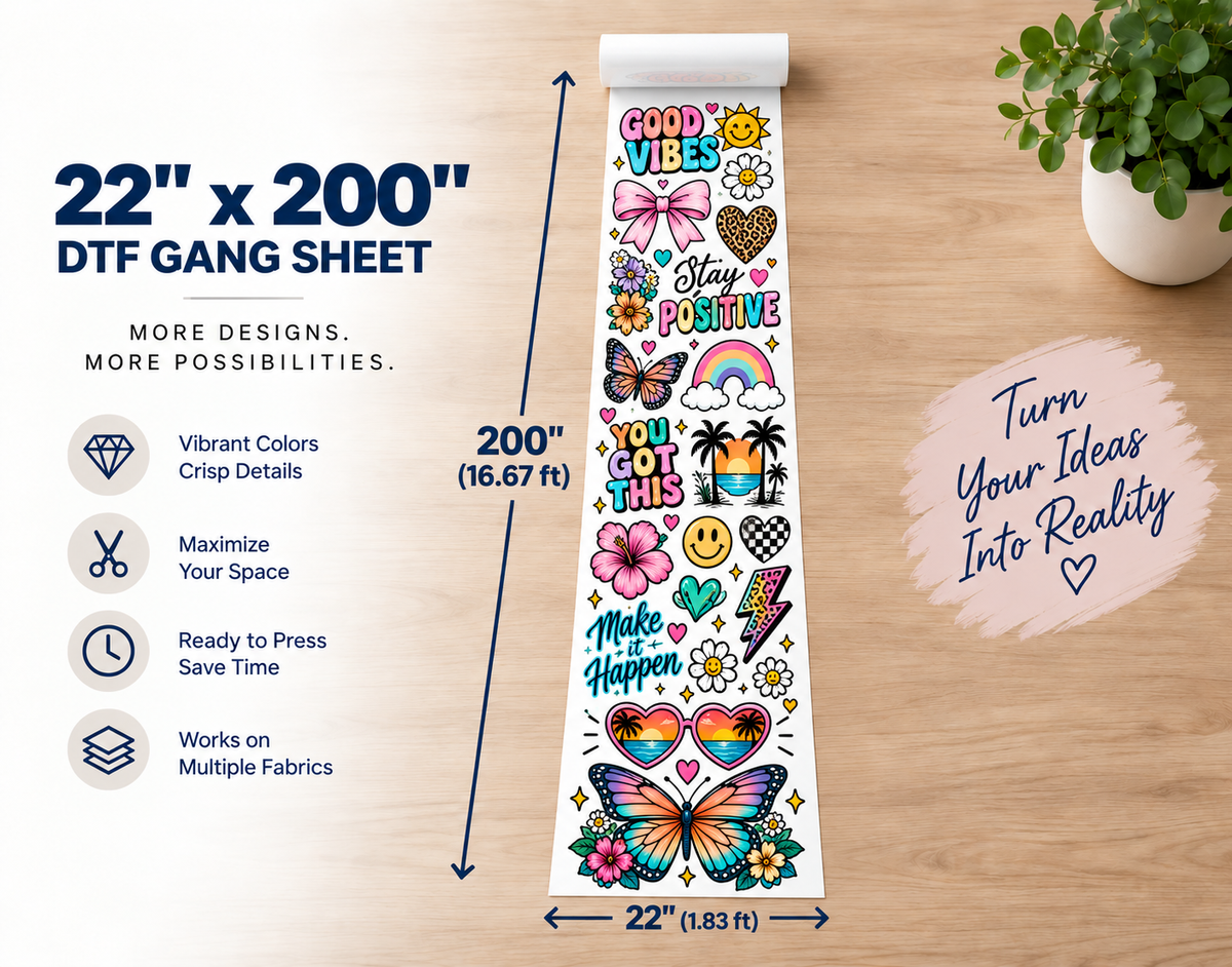 22x200 inch custom DTF gang sheet transfer - ready to heat press onto shirts and hoodies