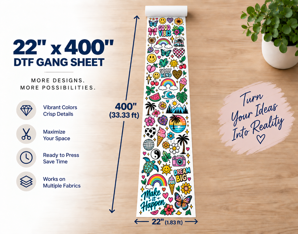 22x400 inch custom DTF gang sheet transfer - ready to heat press onto shirts and hoodies