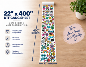 22x400 inch custom DTF gang sheet transfer - ready to heat press onto shirts and hoodies