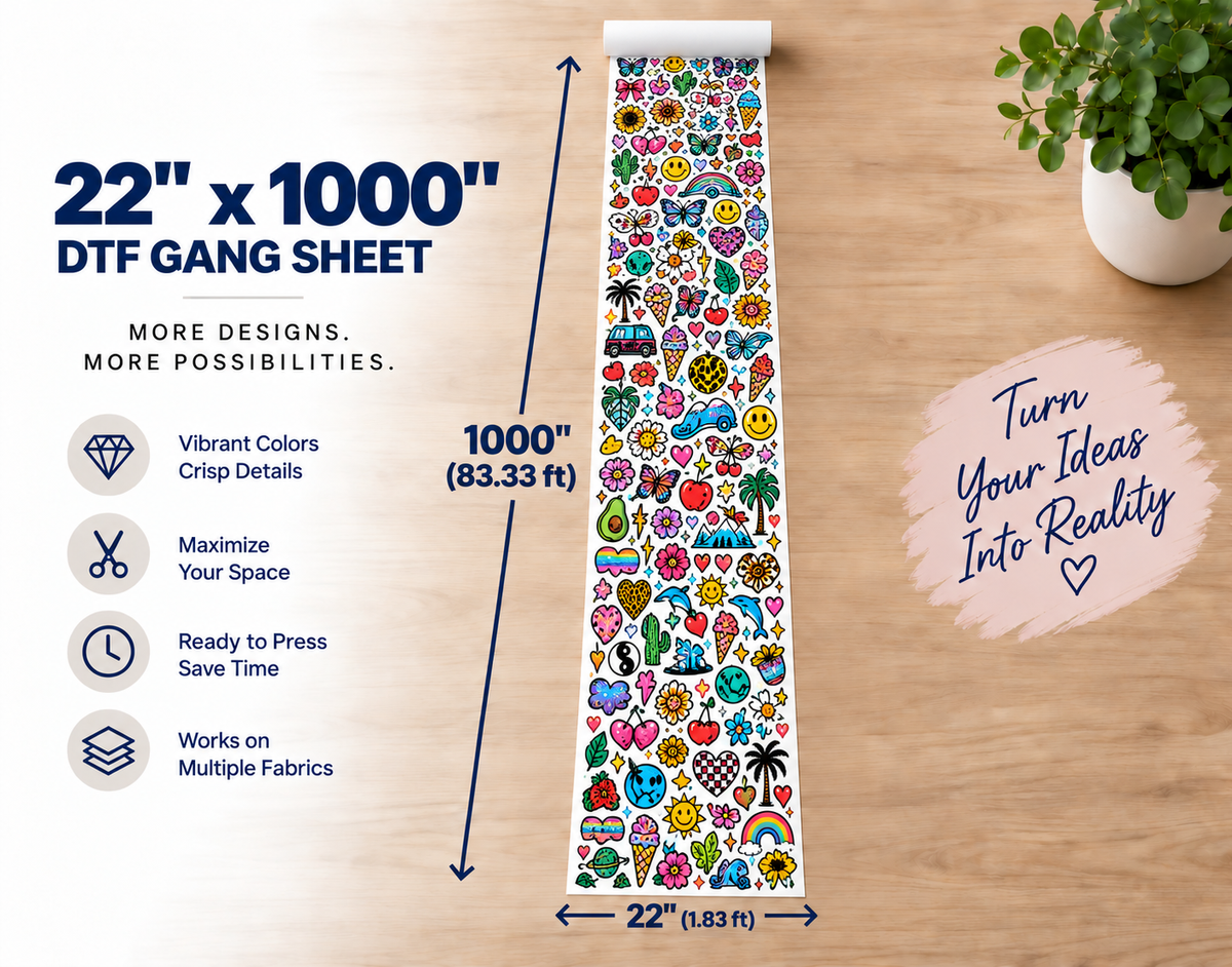 22x1000 inch custom DTF gang sheet transfer - ready to heat press onto shirts and hoodies