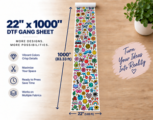 22x1000 inch custom DTF gang sheet transfer - ready to heat press onto shirts and hoodies