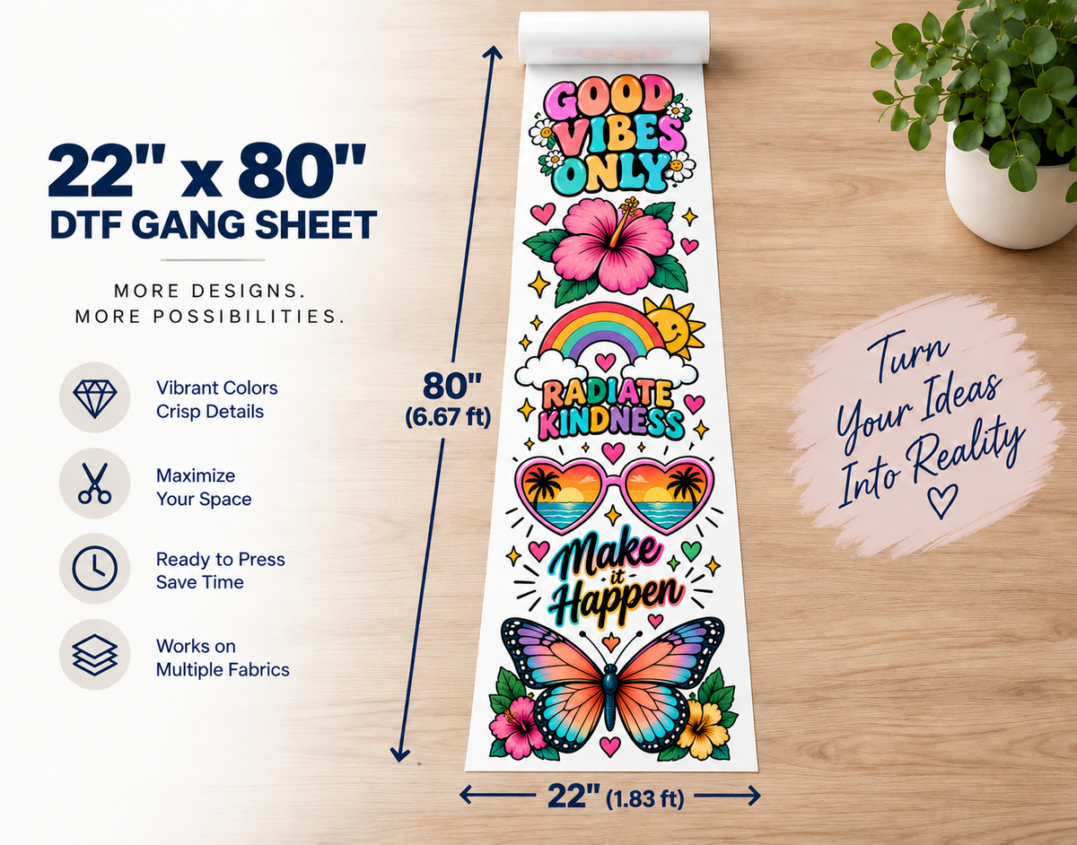 22x80 inch custom DTF gang sheet transfer - ready to heat press onto shirts and hoodies