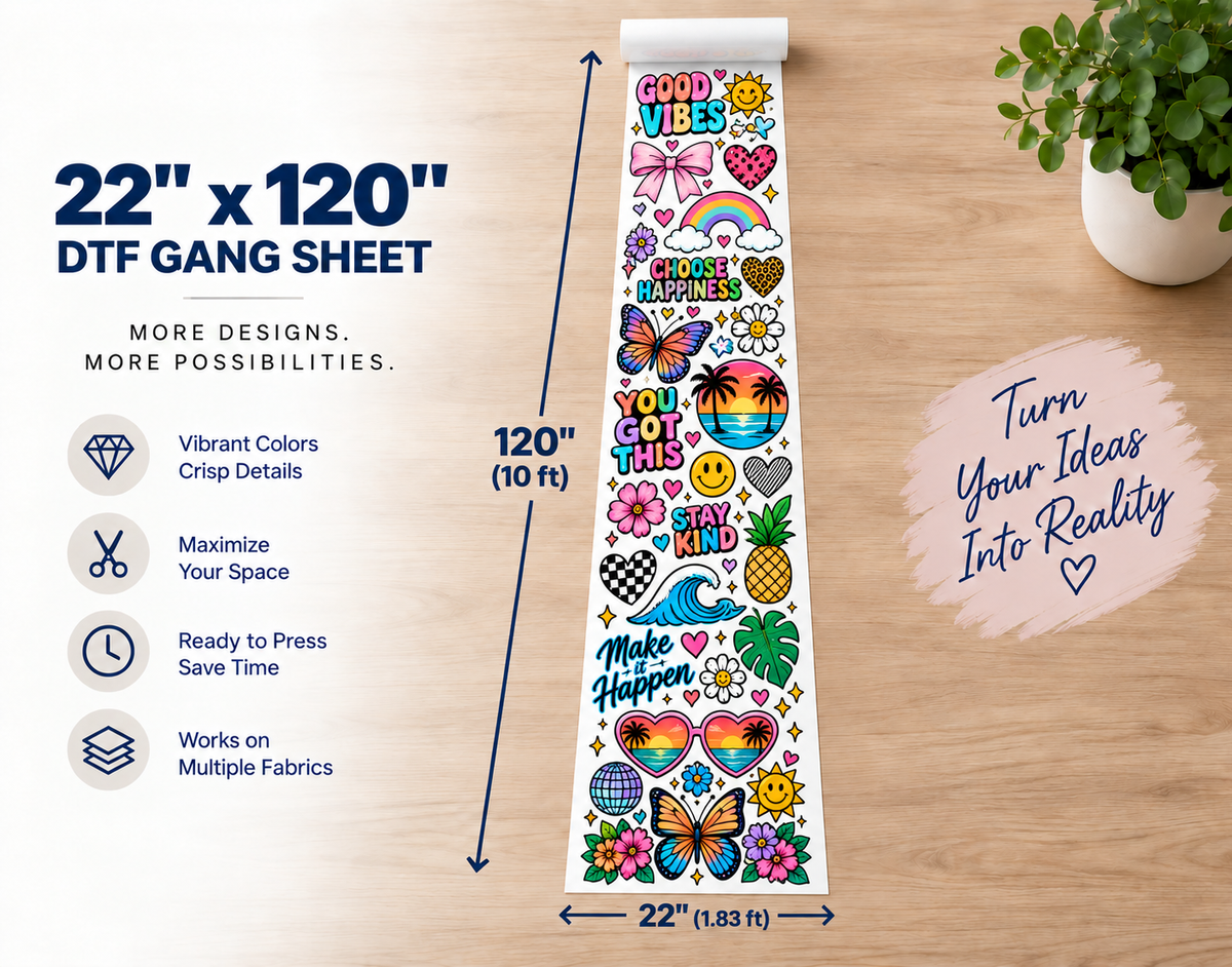 22x120 inch custom DTF gang sheet transfer - ready to heat press onto shirts and hoodies