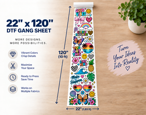 22x120 inch custom DTF gang sheet transfer - ready to heat press onto shirts and hoodies