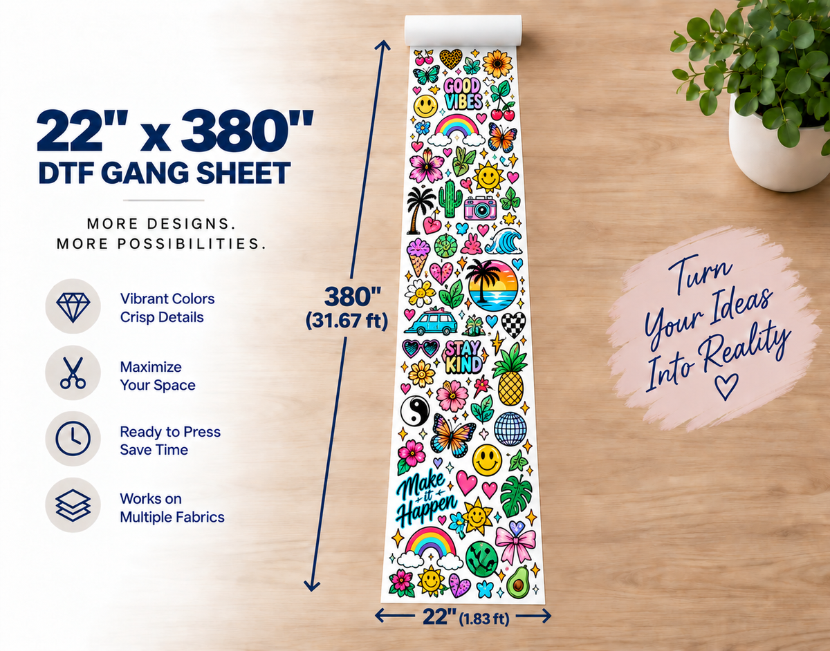 22x380 inch custom DTF gang sheet transfer - ready to heat press onto shirts and hoodies
